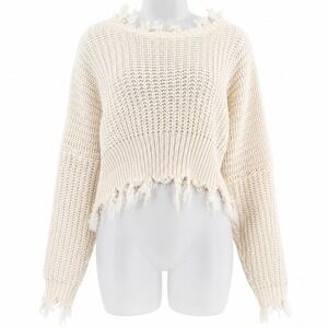 Distressed Cropped Sweater Women's M/L Cream Grunge Punk Emo Indie Sleaze Frayed